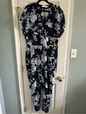 JustFab Navy Floral Wrap Jumpsuit